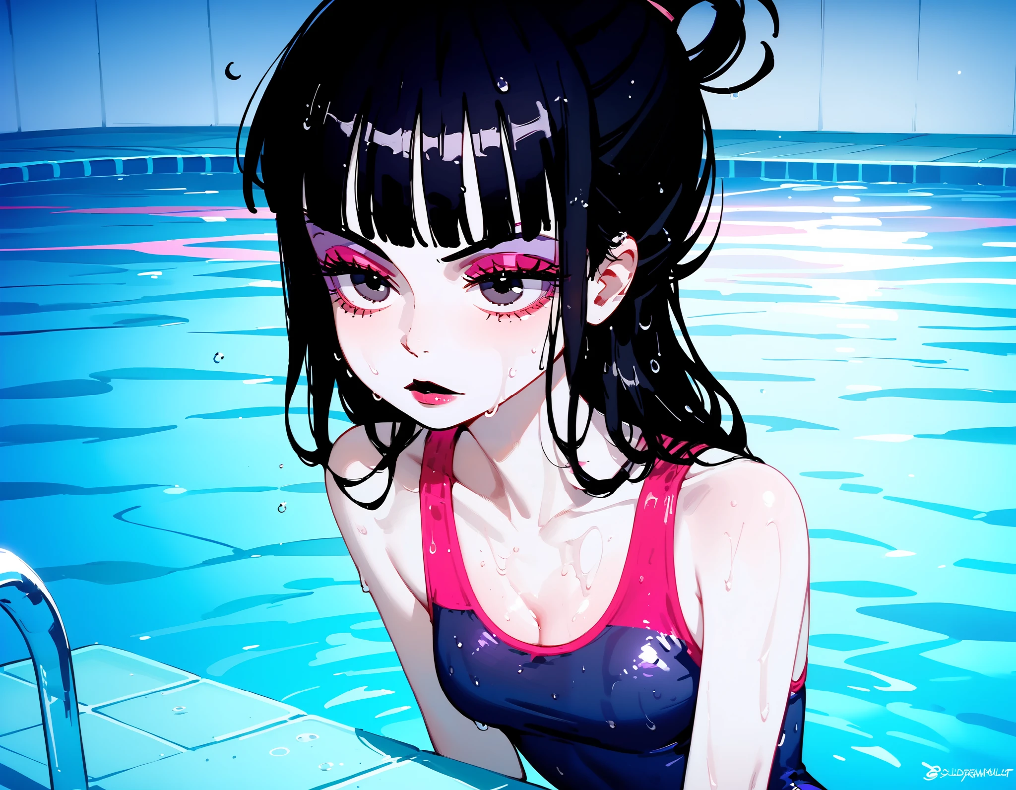 , detailing face, detailing body, Wet body, hair over eyes, hair covering one eye, Lydia1, 1girl, solo, white skin, black hair, topknot, blunt bangs, purple eyeshadow, pink eyeshadow, black eyes, lipstick, (one piece swimsuit spiderweb design), black fingerless gloves,  volumetric and specular moonlight, (saggy chest) (haunted poolside by tim burton), swimming in a pool at night, g4n1m3