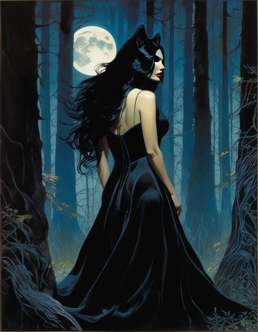 sexy woman with long black hair, black embroidered dress, with a giant werewolf, loving, night, moon, forest, horror, art inspired by Bill Sienkiewicz
