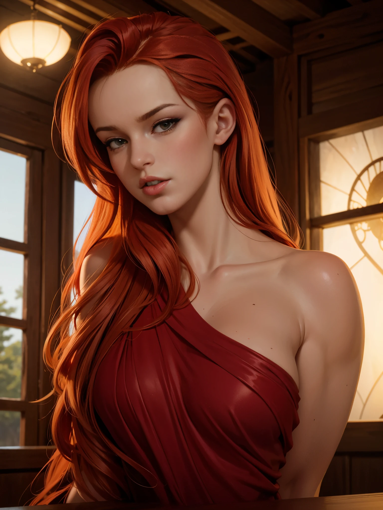 Ultra realistic, 16k, best quality, high resolution, erotic hot, erotic dream atmosphere, 1 girl, 18 years old, long messy red hair, messy bangs on the forehead, sexy eyes look, pale white skin, sweaty skin, earrings, naked fit body, big natural breasts, open arms, perfect hands, hot big tits, slim tall hot body, seductive, sensual posture, full nude, porn, wide hips, thick legs, torn clothes, blurred background, depth, dream aesthetic, dream atmosphere, cinematic lighting, 16k, real life, shining lights, brighting lights, different sexy positions at different angles.