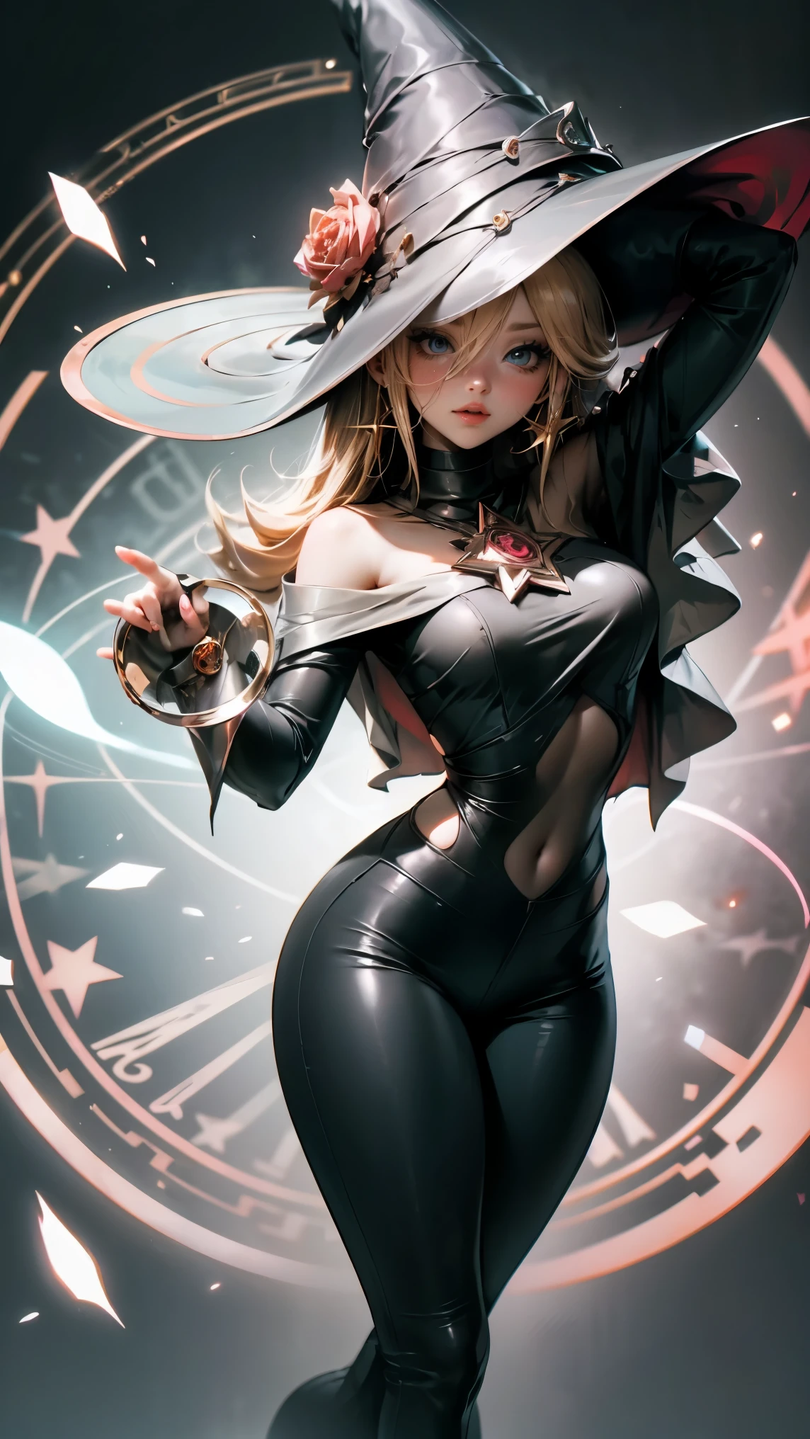 dark magician gils, with high-heels. Pants, sexy, Subjective and sensual pose. magic background. Magical heart in the air. magic circle