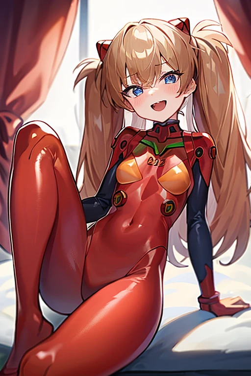 (( top quality)), ((masterpiece)), (be familiar with),  perfect face, indoor, bedroom,  watching viewers ,
One woman,  Soryu Asuka Langley,
 open mouth,  with an ecstatic expression , blush, smile,
 small tits,  flat chested, Young girl, Lori,  s,  girl,
 long hair,  twin tails,
Leg spread,