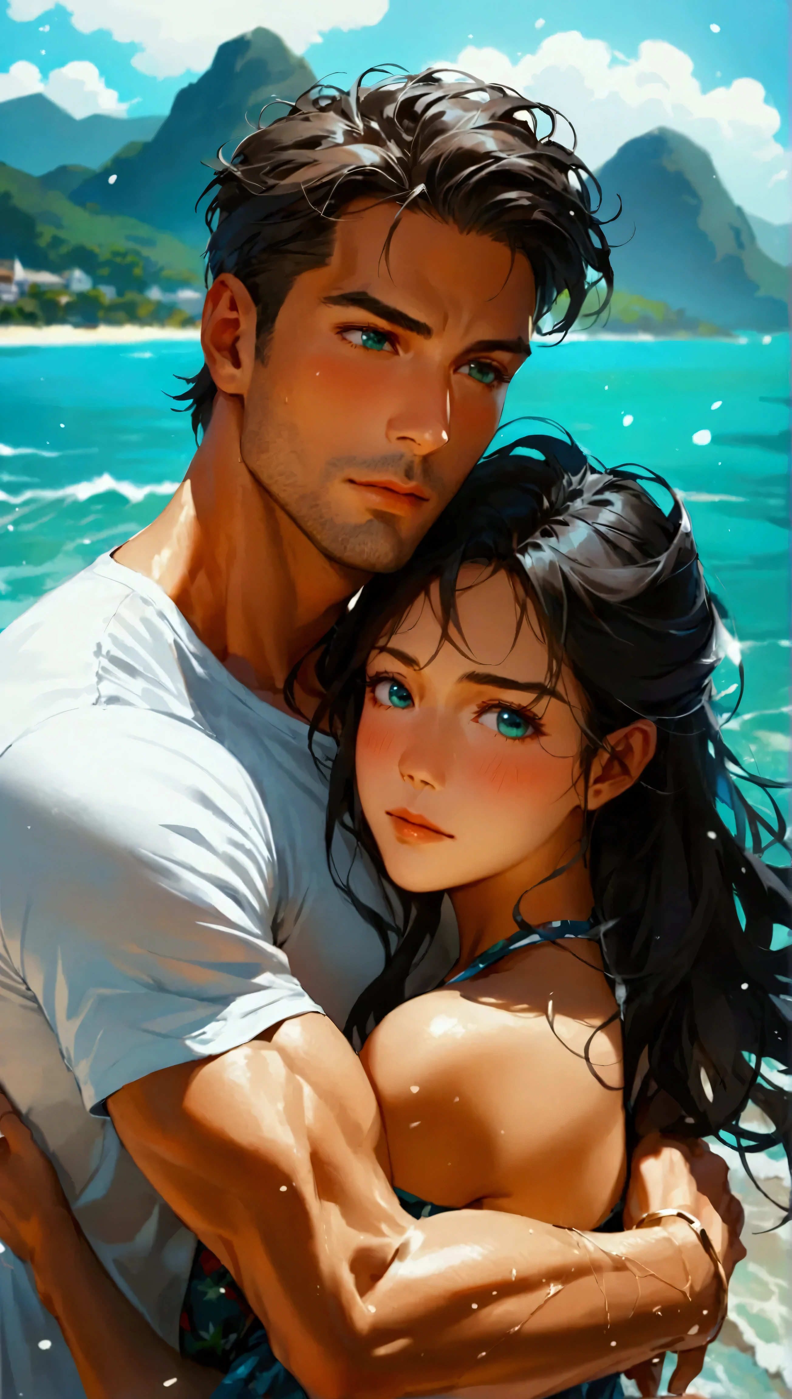 Portray the most dramatic scene of all time. In this scene, there is an international couple, featuring an European man in his thirties hugs his Asian girlfriend. He has a square face with green eyes and a muscular physique, coiffed light brown hair. He is dressed in a white t-shirt with beach trunks. She has round black eyes, oval face, low cheek bones, long silky black hair and she wears a high-waist skirt in marine print. The touch of blush shows their happiness and strengthens this romantic scene of warmth, love and carefree joy. The background features a turquoise ocean with the outline of mountains far away. height difference couple, age difference couple, (couple shot), beautiful eyes, ((medium wide shot)), (expressionless), ((from above)), (closed eyes), ((light brown hair)), (wide view), ((full body)), (looking away), very fine, best quality, add_detail:1, add_detail:0, add_detail:0.5