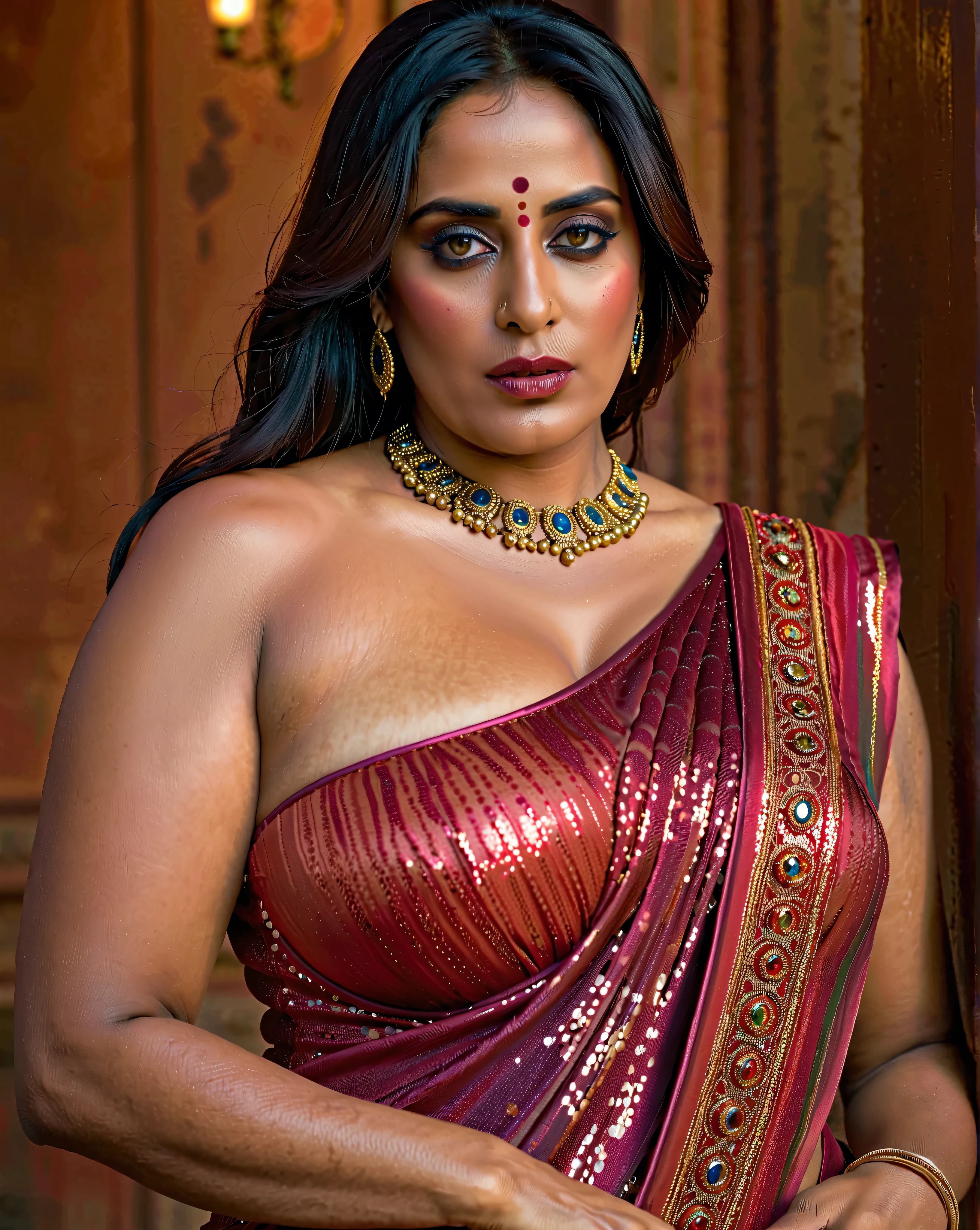 Looks like Mahie Gill, full body Closeup shot, Big chubby aunty, milf, demoness mommy, mother of demons, heavy figure Indian aunty, huge figure, huge massive breast, cougar lady witch, horny Gothic milf, 70 years old gorgeous mature lady, pervert demoness, demoness of lust, curvy, black lips, horny face, extremely gorgeous, thick figure, heavy physique, voluptuous, curvy, sexy figure, Fashionable portrait of androgynous alien looking witch, glowing eyes, futuristic design, minimal details, givenchy, photoreal, 200mm, hd, f/ 2.0, highly detailed, surreal, sexy beautiful evil woman, sexy bold sequin Saree with strapless Bra, chudail, Pishachini, horror genre, blood-thirsty enchantress, powerful female spirit, eerie, drop dead, in the style of red and blue, (intricate details, hyperdetailed:1.15) (skin texture:1.2), dark Moody tone, cinematic lighting, haunted place in background,