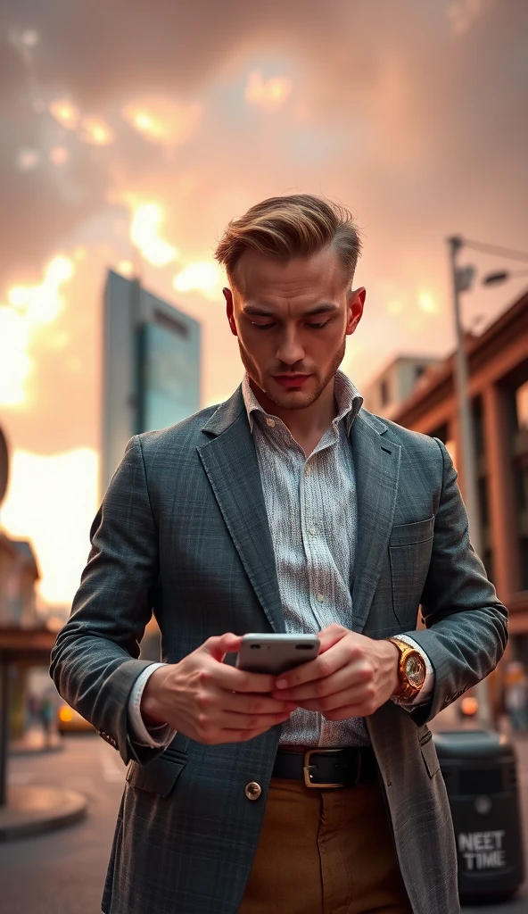 a man using his smartphone, 1 man, detailed face, detailed eyes, detailed hands, detailed fingers, smartphone, mobile phone, texting, holding phone, modern technology, city street, urban environment, cloudy sky, sunlight, warm lighting, realistic, photorealistic, 8k, high resolution, intricate details, masterpiece