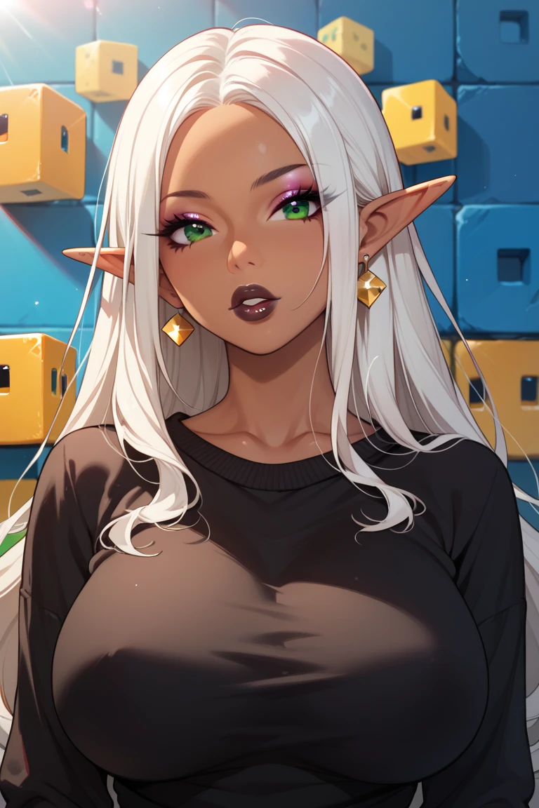 
score_9, score_8_up, score_7_up, 1girl,solo, upper body,looking at viewer, block background, voluminous long white hair, elf, makeup , parted lips, dark lipstick, eyeliner, gyaru woman, large breasts, sweater, green eyes