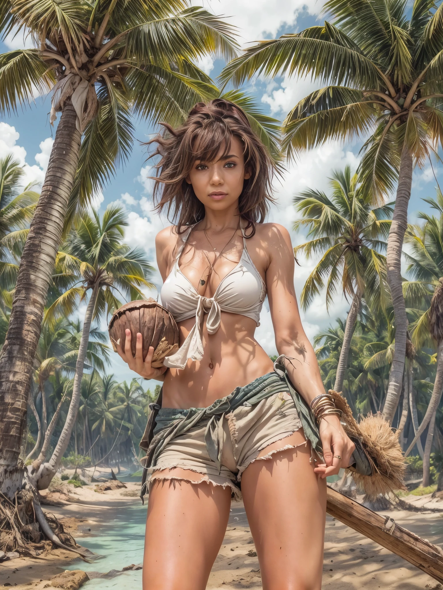 best quality, masterpiece, highres, 1girl, marooned on a tiny tropical island, torn clothes, disheveled hair, old clothes, tanned skin, single palm tree, coconuts, tara.tainton