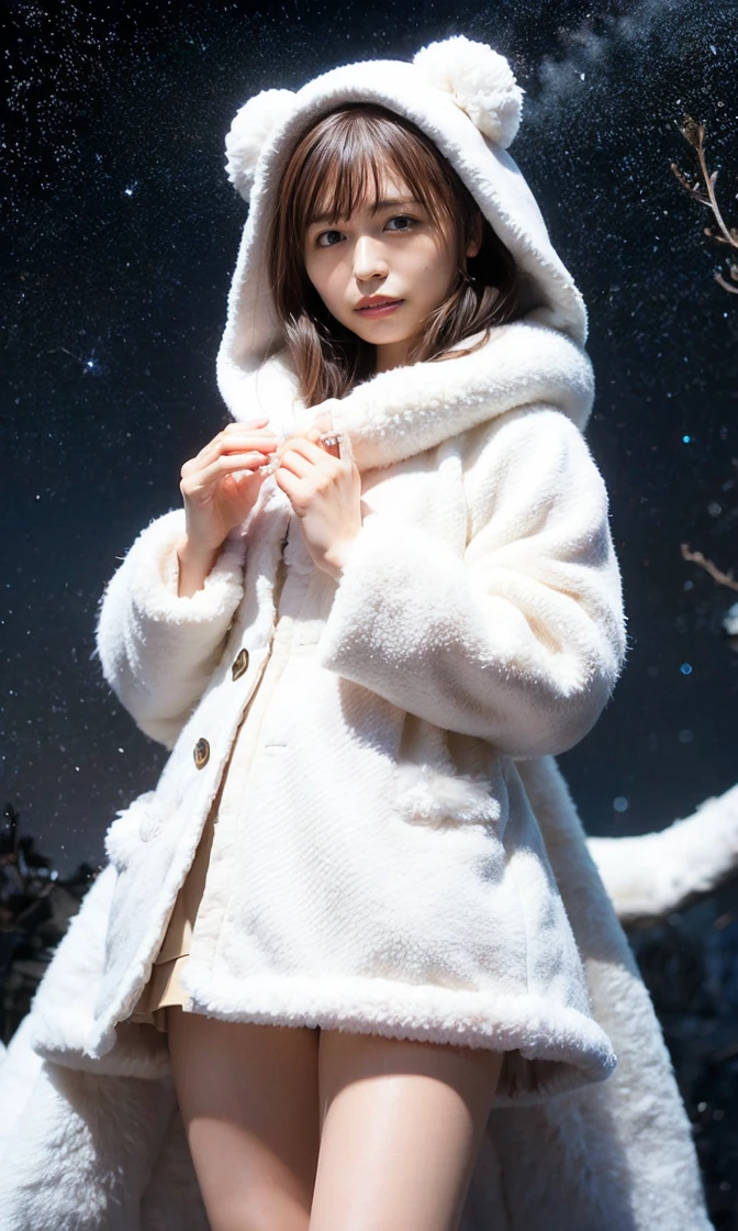araffe dressed in a piel blancary coat and holding a white teddy bear, traje de conejo, esponjoso esponjoso fur, esponjoso, dulce conejita ultrarrealista, abrigo elegante para una rave, with long, floppy rabbit ears, wearing a traje de conejo, linda conejita de peluche fumo, piel blanca, esponjoso piel blanca, cotton cloud wizard robes, mini estilo lindo peludo femenino