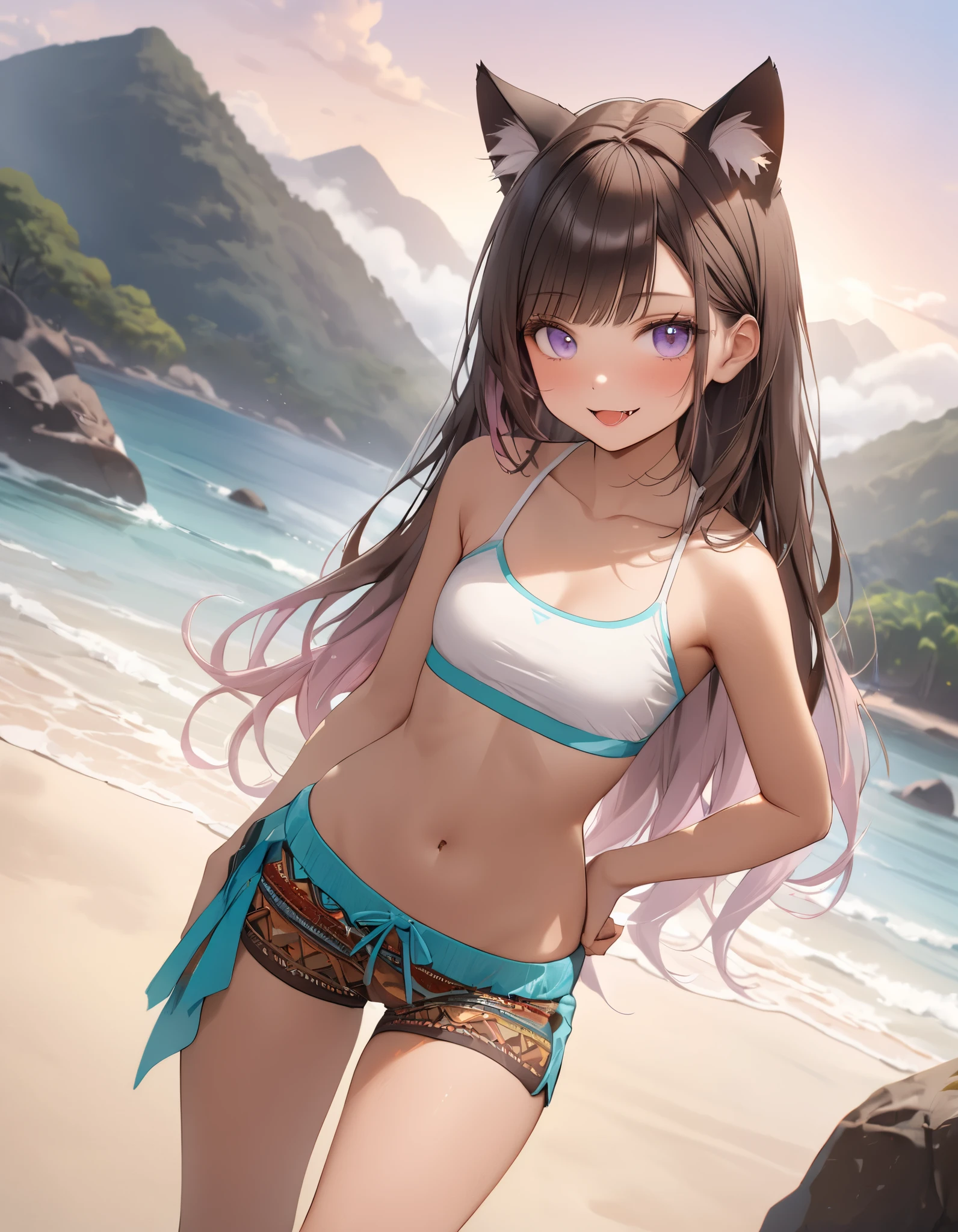 A young female white cat furry, black long hair covering left eye, green eyes, young furry, short height, swimsuit