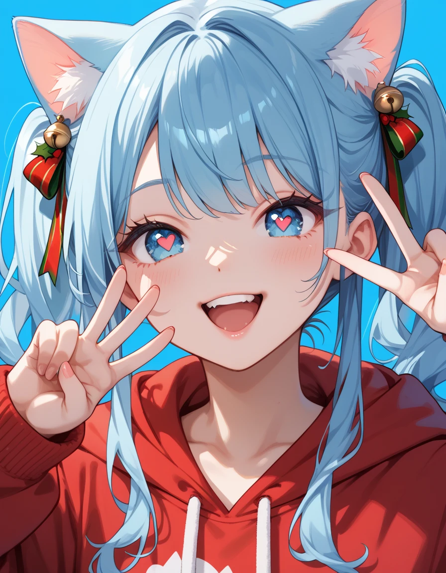 Christmas party, score_9, score_8_up, score_7_up, 1girl, cat girl, cat ears, animal ears, long hair, twintails, light blue hair, blue eyes, hoodie, v sign, heart-shaped pupils, open mouth, happy, smile, close up, simple background, blue background, Christmas decorations,