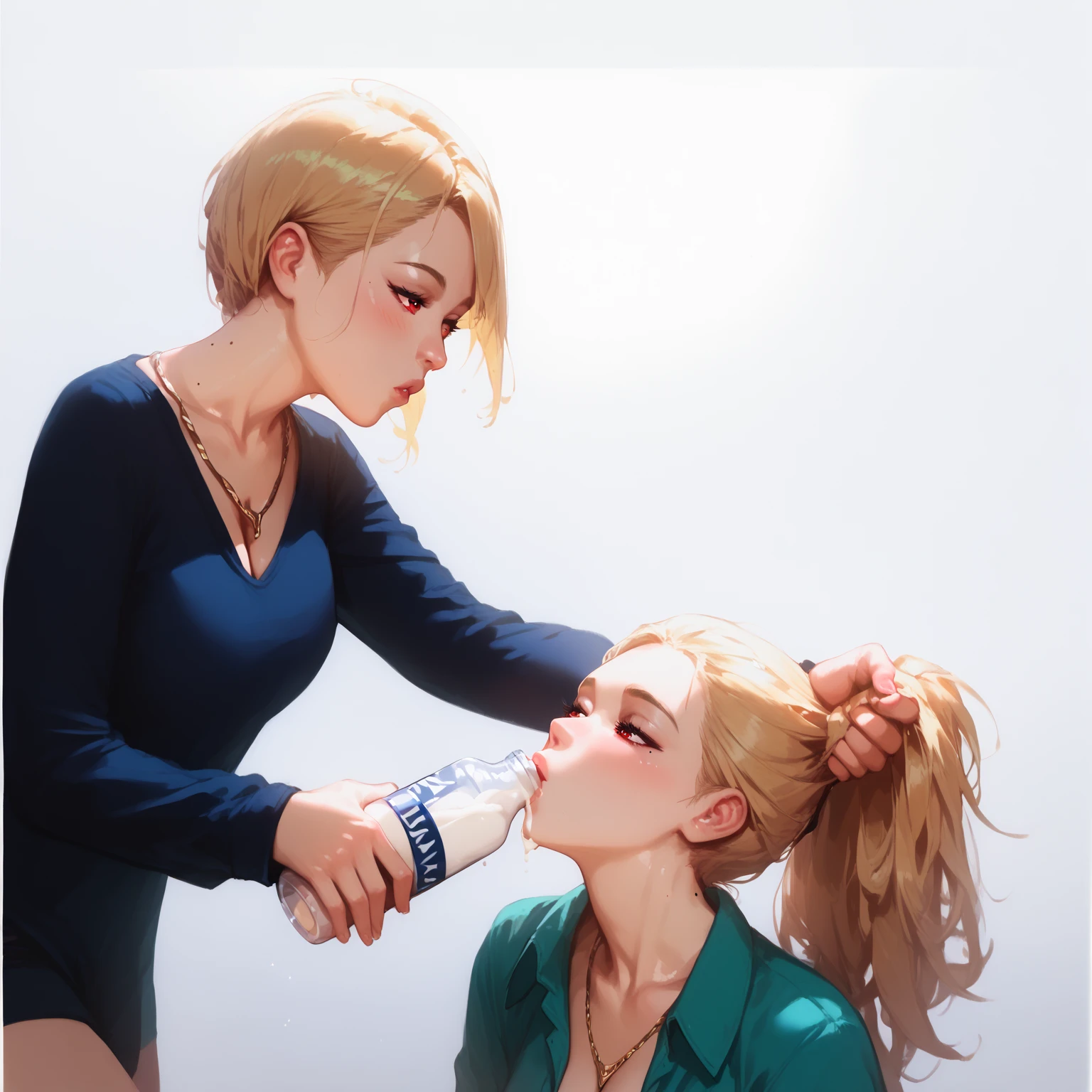 2girls, blonde hair, blue shirt, blush, bottle, breasts, cleavage, closed eyes, collarbone, collared shirt, drinking, green shirt, hand on another's head, holding, holding bottle, holding hair, jewelry, lips, long hair, long sleeves, medium breasts, mole, mole on neck, multiple girls, necklace, open clothes, parted lips, ponytail, red eyes, shirt, short hair, milk bottle, realistic (1:2 high resolution) (1:2 2.5d anime) (1:2 realistic light)