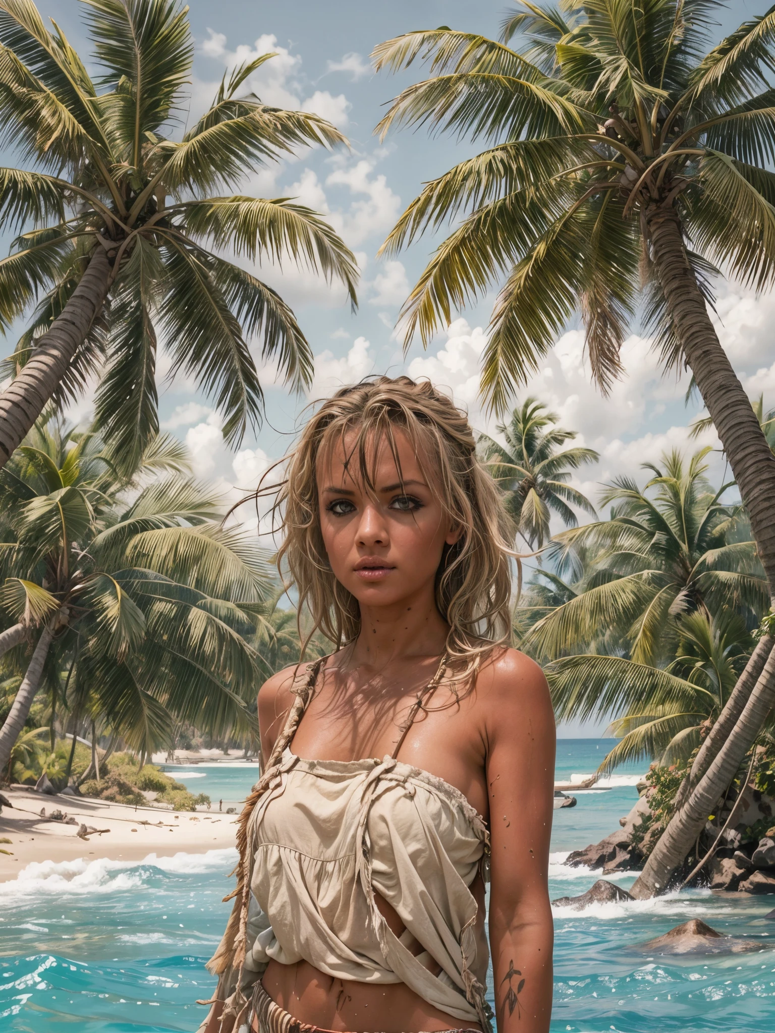 best quality, masterpiece, highres, 1girl, marooned on a tiny tropical island, torn clothes, disheveled hair, old clothes, tanned skin, single palm tree, coconuts, frankie.babe