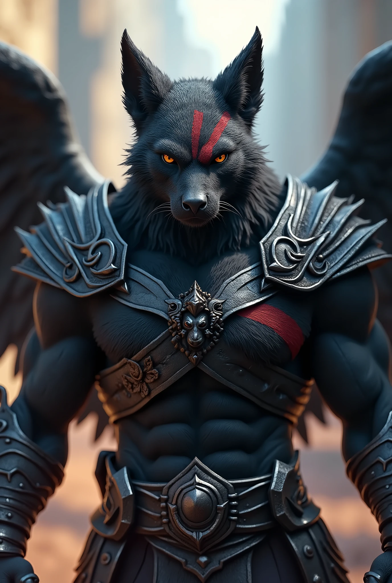 (best quality,16k,32k,highres,masterpiece:1.2),ultra-detailed,(realistic,photorealistic,photo-realistic:1.37),(The ultimate Orochi kuugo) Alone looking at the viewer serious expression bright red eyes Realistic background of a city on fire In the style of the king of fighters 2003 full body Wearing an original outfit Open black wings