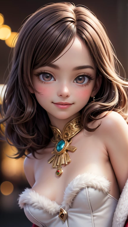 1 cute girl (18yo) , upper body, slim waist, small breast, sexy pose, naugthy face, bangs, random hairstyle, cleavage, navel,, off shoulder, seductive smile, wear intricately detail hot and sexy outfit, tribe outfit, wear unique hat, light brown color, upper body. flat gray color for background