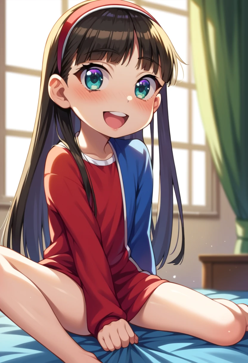 (( top quality)), ((masterpiece)), (be familiar with),  perfect face, indoor, bedroom,  watching viewers ,
One woman,  Yukiko Aikina,
 open mouth,  with an ecstatic expression , blush, smile,
 small ,  flat chested, Young girl, Lori,  kids,  girl,
 long hair,  long hair on background,
Leg spread,