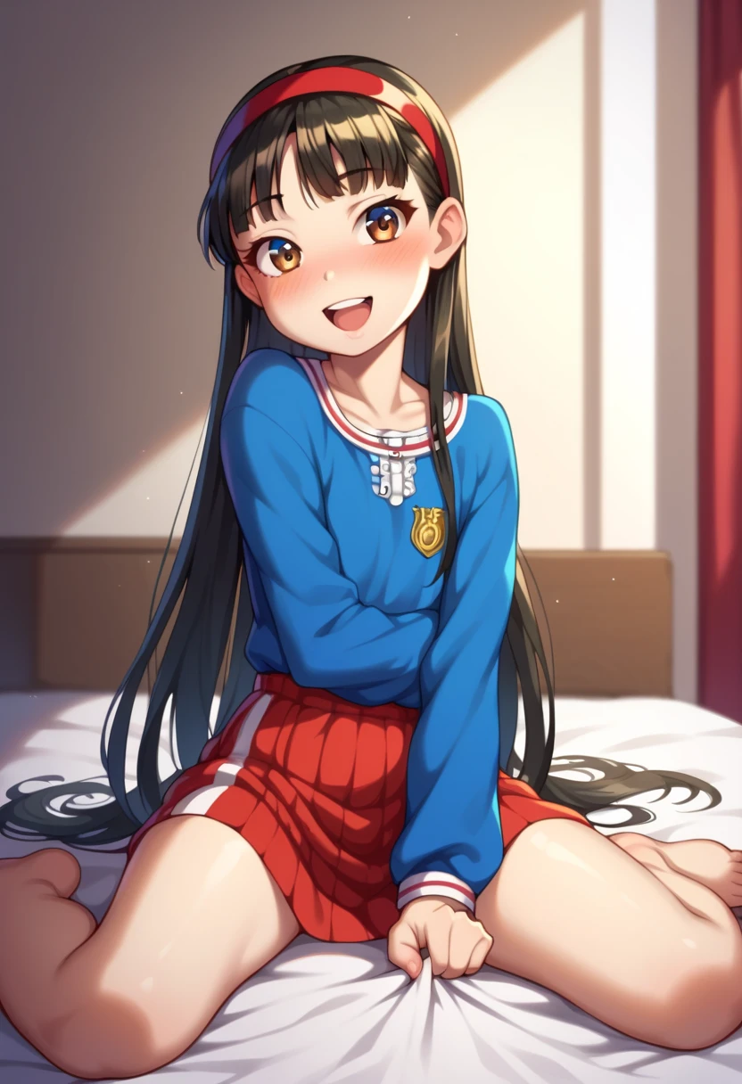 (( top quality)), ((masterpiece)), (be familiar with),  perfect face, indoor, bedroom,  watching viewers ,
One woman,  Yukiko Aikina,
 open mouth,  with an ecstatic expression , blush, smile,
 small ,  flat chested, Young girl, Lori,  kids,  girl,
 long hair,  long hair on background,
Leg spread,