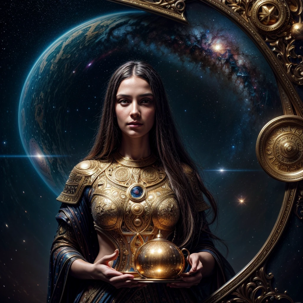 Artwork, surrealism, highly detailed, intricate details, oil painting, best quality, cosmic, starry, a woman holding a two-plate scale, pound sign concept, golden ratio, beautiful, cosmic concept, 8k, cinematic light, starry background, vibrant colors, UHD, by Greg Rutkowski