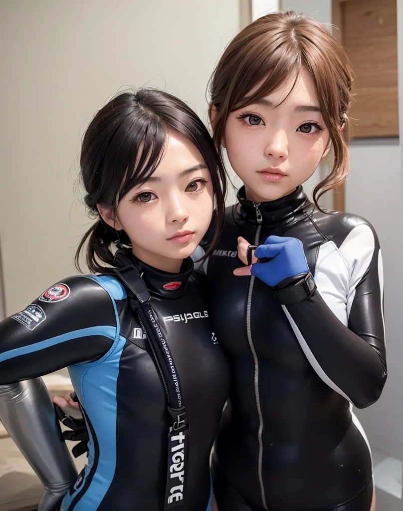 A documentary photo, Photo-realistic, ultra-realistic, (2girls, Japanese beautiful young women, famous Japanese idols, boyish cool faces:1.3), wetlook rubberish azure blue clothes,, they are a military divers of Japan navy, experienced military diver, wearing a professional wetsuits for military divers with professional scuba equipment, they are on a shore, She is preparing to scuba dive for a lifesaving mission, there is a large battle ship behind her,, Natural Makeup, boyish face ,Front View:1.21, Perfect Anatomy:1.21, Small head:1.21, Slender body:1.37, Narrow waist:1.5, Thin limbs:1.5, Flat Chest:1.5, Anatomically correct limbs, Diving Suits warm  wetlook (high smooth turtleneck collar), Fully equipped for diving, Very cute Japanese woman, Brown Hair, Chignon Hair, Calm sea in summer, Dynamic and emotional movie lighting, 