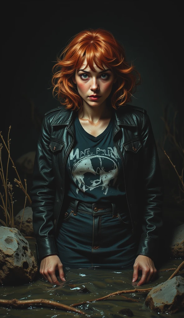  hyperrealistic, super detailed, raw,  masterpiece . (large portrait). Night.  A depraved 40-year-old woman ,  drowns in a viscous cement swamp .  The swamp sexually eats her body.. ((on face: fear, bewilderment)). denim skirt,  garter stockings ,  t-shirt ,  leather jacket, dyspnoea, Shameful,  loses control , ((Captivated by lust, , defenseless)), Copper red hair, sweat,  heavy breathing , red, black, green, deep blue, yellow, purple, orange, light blue, close-up