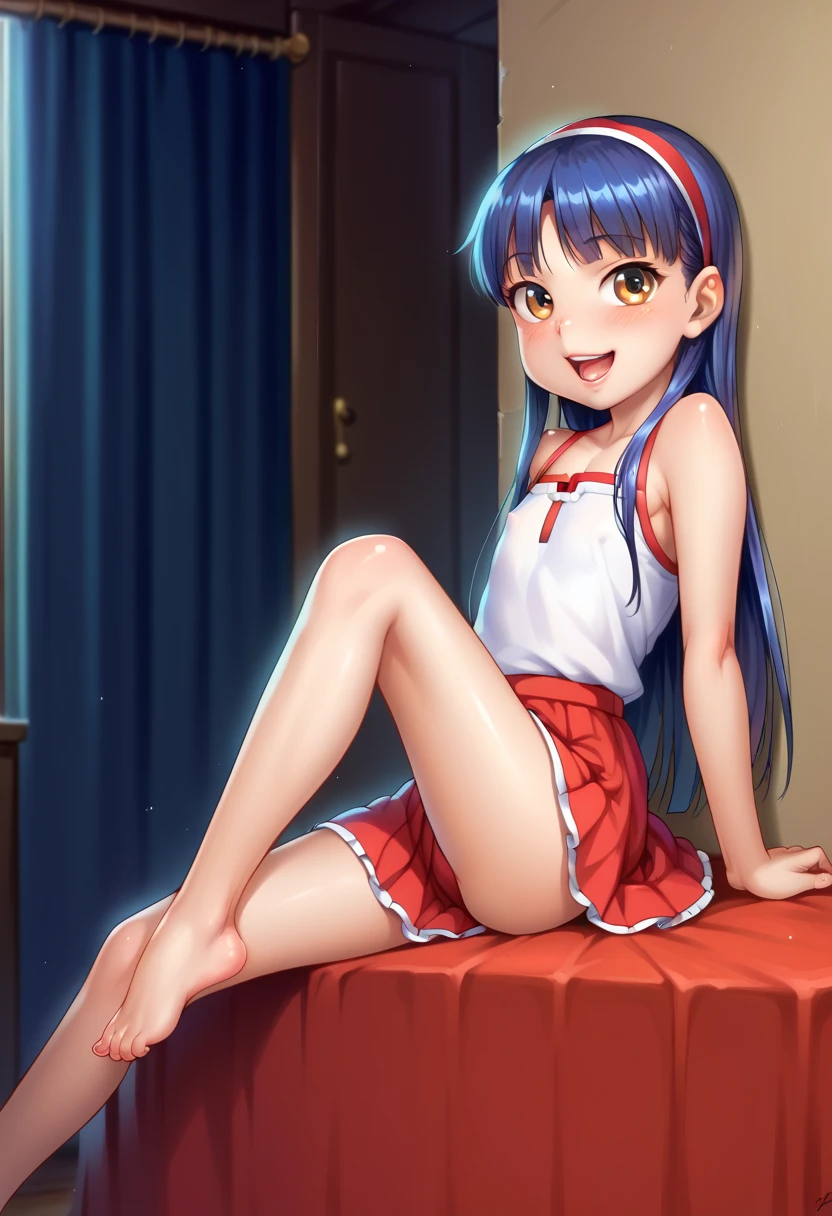 (( top quality)), ((masterpiece)), (be familiar with),  perfect face, indoor, bedroom,  watching viewers ,
One woman,  Yukiko Aikina,
 open mouth,  with an ecstatic expression , blush, smile,
 small ,  flat chested, Young girl, Lori,  kids,  girl,
 long hair,  long hair on background,
Leg spread,