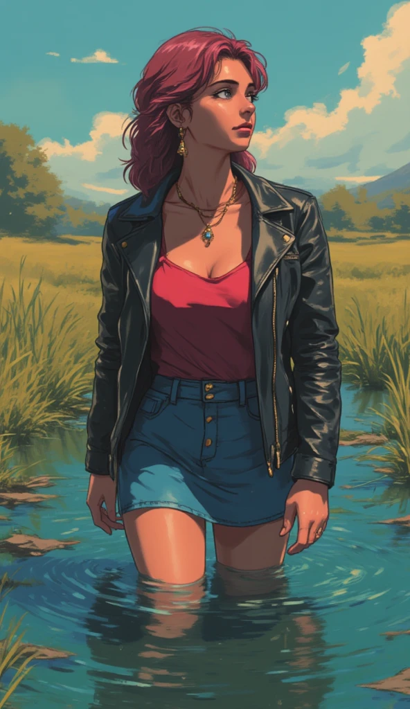  hyperrealistic, super detailed, raw,  masterpiece . (large portrait). Ночь sky.  A depraved 40-year-old woman ,  drowns in a viscous cement swamp .  The swamp sexually eats her body.. ((on face: fear, bewilderment)). denim skirt,  garter stockings ,  t-shirt ,  leather jacket, dyspnoea, Shameful,  loses control , ((Captivated by lust, , defenseless)), Copper red hair, sweat,  heavy breathing , red, black, green, deep blue, yellow, purple, orange, light blue, close-up