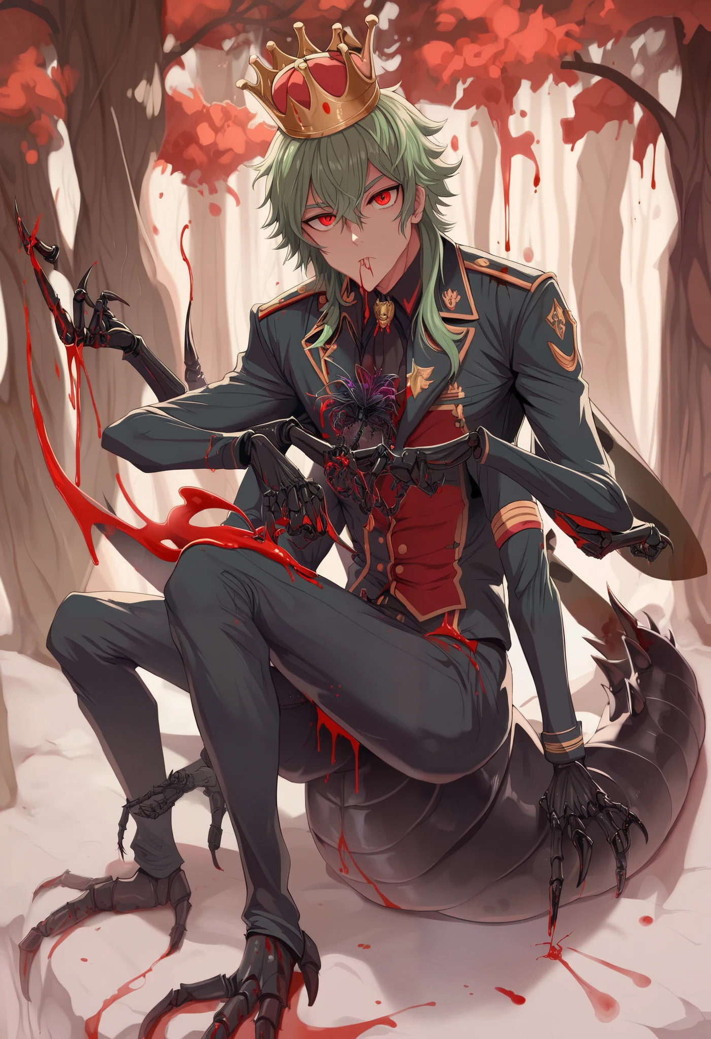 young insect boy, green hair, insect antennae, insect wings, black exoskeleton, exoskeletal legs, exoskeletal arms, four arms, only four arms, exoskeletal mouth, big claws, tall male, slim body, king, king crown, king uniform, long insect tail, slim insect tail, spiked insect tail, red eyes, bored, forest in war, fire, blood, blood on face, blood on clothes, looking at viewer, high quality, masterpiece
