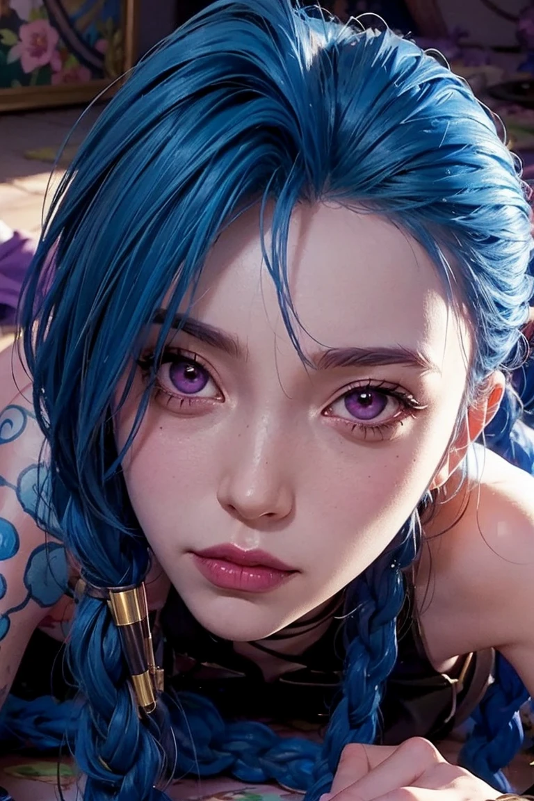 jinx arcane, lying on the floor in a field of flowers, a detailed painting,  visual novel art ,  front-line girl cg , Full Art, visual novel cg ,  official art , ilustración de Full Art