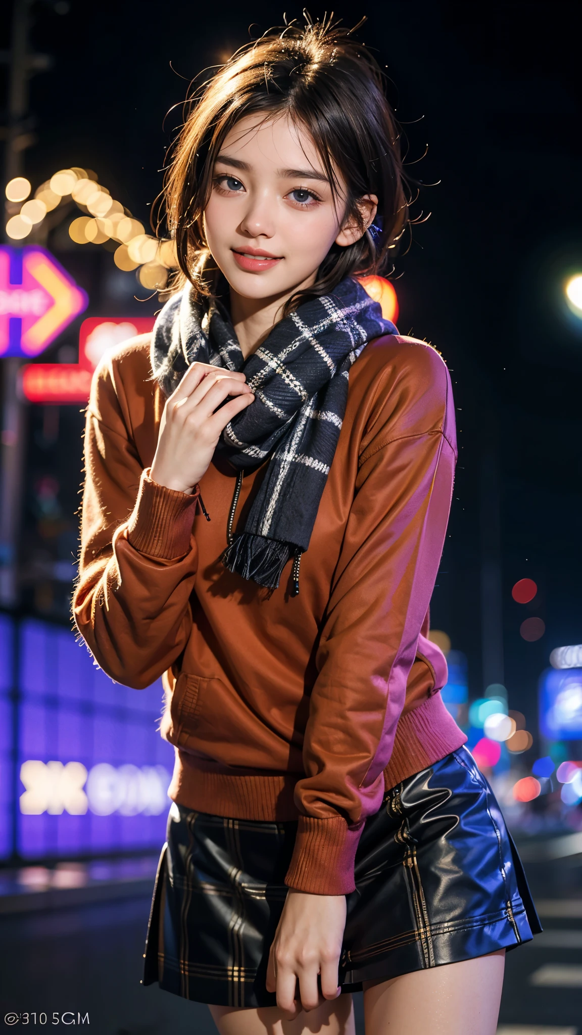 ((Excellent style)), Japanese women、Photorealistic、Beautiful attention to detail、Hyperrealism、High Contrast、Ultra HD、Realistic skin texture、Best image quality、Highest quality、Ultra-high resolution、Fine details、White scarf, Black leather jacket, Christmas illuminations in the background, slender, night, Gorgeous illumination, illumination, Xmas, smile
