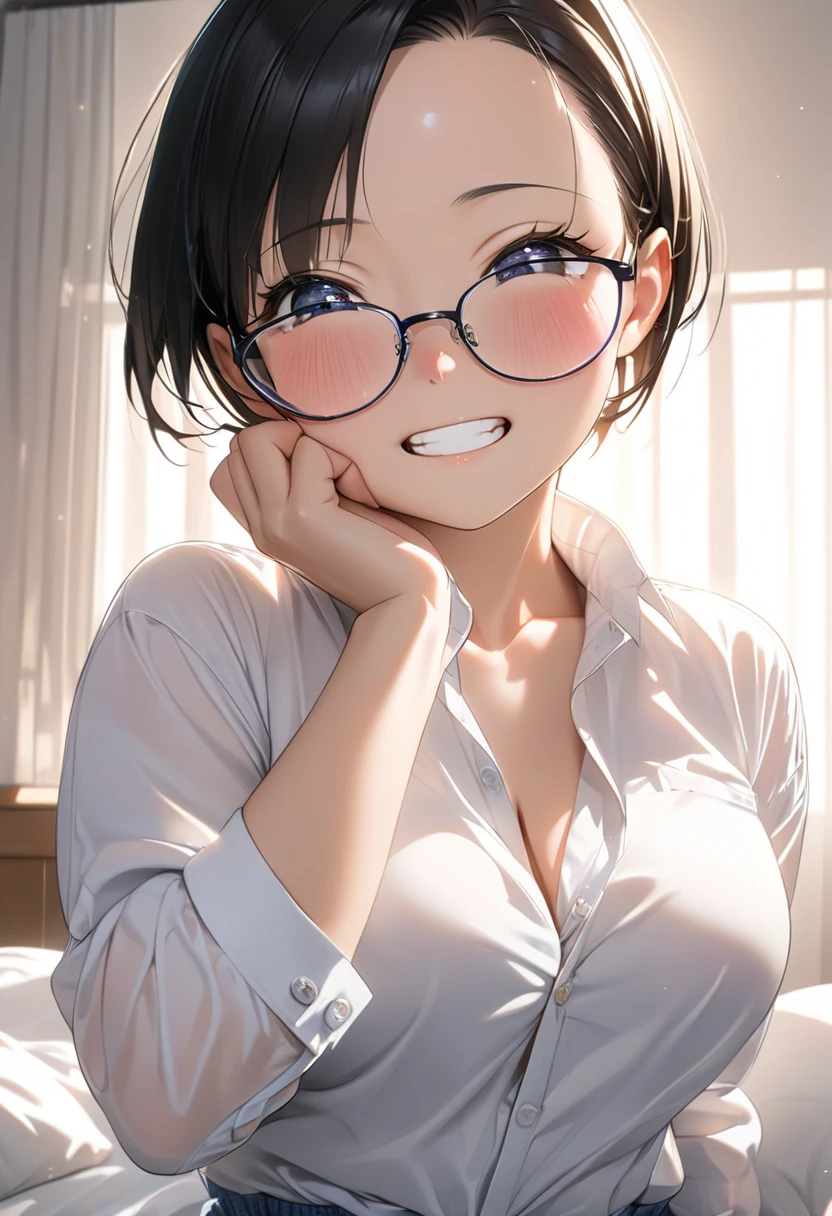 1girl,18yo,perfect hands, perfect finger,perfect anatomy, masterpiece, best quality,realistic, hyperrealistic, 16k hdr,, aamii, short hair, black hair, blue eyes, glasses, (see through white shirt,Loose T-shirt, downbrouse:1.2),pub, from below,standing,(sweat:1.3),(happy smile),large breasts,upper body,necklace,(leaning forward:1.2)