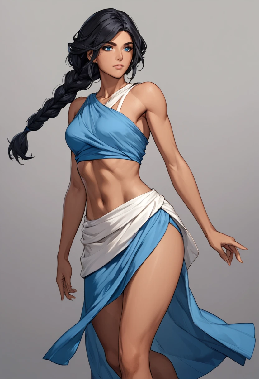 plain background, semi realistic style, cel shaded, greek girl, tanned skin, fit body, long black hair with single braid, blue eyes, wearing peplos