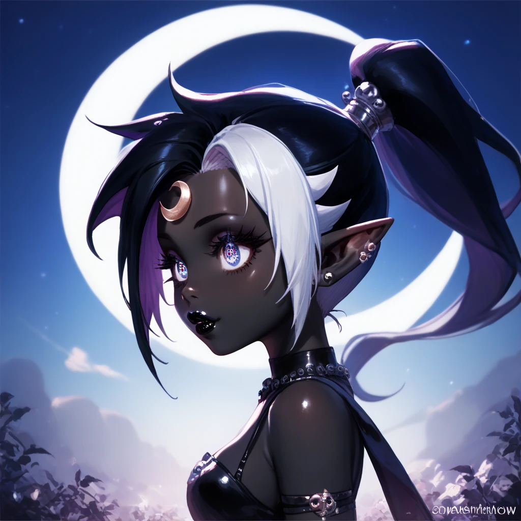 score_9, score_8_up, score_7_up, ((Masterpiece)), ((highres)), ((1person, 1girl, 1female)), Random poses, beautifully detailed succubus girl, ((Black crescent moon background)), white mohawk w/ponytail, defined elf ears with ear guages, defined eyes, pastel iris, long eye lashes, defined nose, black lipstick, curvy, (((Black skin))), black demon horns, breasts, night sky, pastel gothic style, gothic style art, gothic asthetic
