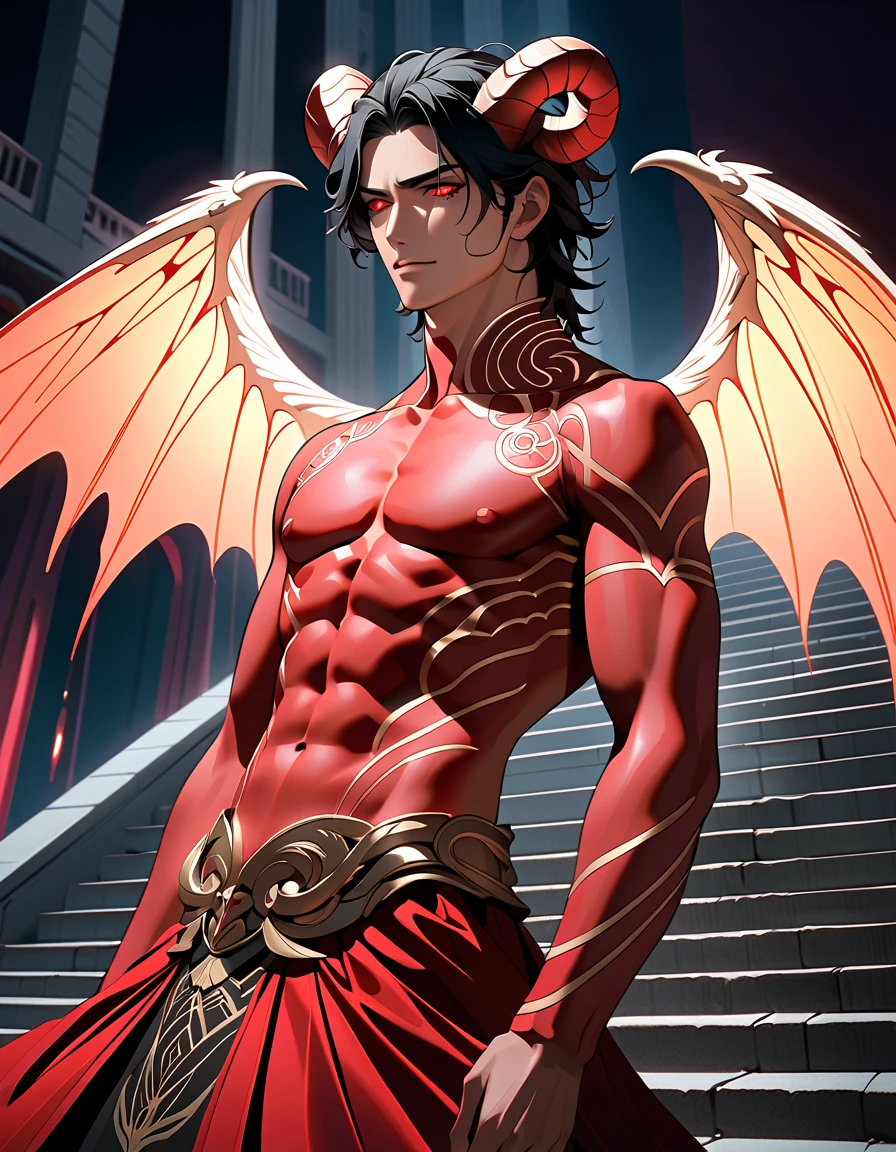 Male focus, the subject of the image is a man. short black hair. red eyes. 30歳の成熟したmale　Devil&#39;s Wings　背景はDark Cathedral　8k,  complicated,  elegant ,  Altamente detallado , Majestic,  high image quality　Careful application, (masterpiece, Yokomitsu,  beautiful and delicate eyes on outdoor stairs: 1.2),  high definition , (Glowing red eyes)),  shirtless, (Shining Tattooing ),  handsome, Black Hair, muscle, ,  Devil's Big Horn ,  Fine Horns with Aesthetic Ratio, ,  handsome, , masterpiece, whole body　Devil&#39;s Wings　Bad Smile　male　Devil&#39;s Wings　Dark Cathedral　8k,  complicated, (masterpiece, Yokomitsu,  beautiful and delicate eyes on outdoor stairs: 1.2),  high definition , (Glowing red eyes)),  shirtless, (Shining Tattooing ),  handsome, Black Hair, ,  Devil's Big Horn ,  Fine Horns with Aesthetic Ratio, ,  handsome, , masterpiece, whole body　Devil&#39;s Wings　　anime　Bad Smile