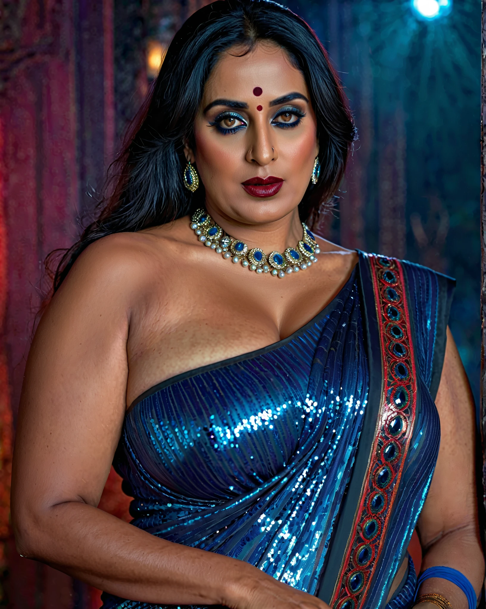 Looks like Mahie Gill, full body Closeup shot, Big chubby aunty, milf, demoness mommy, mother of demons, heavy figure Indian aunty, huge figure, huge massive breast, cougar lady witch, horny Gothic milf, 70 years old gorgeous mature lady, pervert demoness, demoness of lust, curvy, black lips, horny face, extremely gorgeous, thick figure, heavy physique, voluptuous, curvy, sexy figure, Fashionable portrait of androgynous alien looking witch, glowing eyes, futuristic design, minimal details, givenchy, photoreal, 200mm, hd, f/ 2.0, highly detailed, surreal, sexy beautiful evil woman, sexy bold sequin Saree with strapless Bra, chudail, Pishachini, horror genre, blood-thirsty enchantress, powerful female spirit, eerie, drop dead, in the style of red and blue, (intricate details, hyperdetailed:1.15) (skin texture:1.2), dark Moody tone, cinematic lighting, haunted place in background,