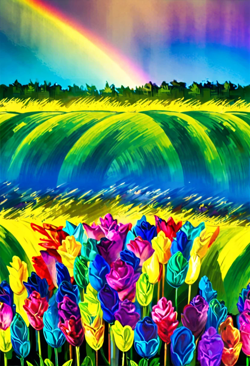 a vibrant rainbow, with colors blending seamlessly, arching across a clear blue sky, illuminating the surrounding landscape with its brilliance, reflecting on the glistening water below, casting a colorful spectrum on the flowers and trees, bringing joy and beauty to the world, captured in a stunning photograph, with vivid colors and sharp focus, enhanced by HDR technology, emphasizing the natural beauty of the scene, creating a masterpiece that celebrates the wonders of nature.