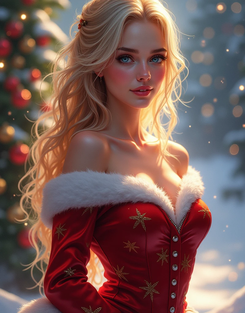 (Masterpiece.Uhd. Photorealistic) an ultra hot gorgeous European woman, age 23, she’s a playmate, men magazine model. Flirts with camera, subtle smil. Blonde wawy hair. (she’s standing in a snowy themepark:1.4) Perfect ???????, perfect hair, perfect breast, perfect body, perfect hands, perfect face, UHD, retina, masterpiece, accurate, anatomically correct, textured skin. Winter starry night, northern lights