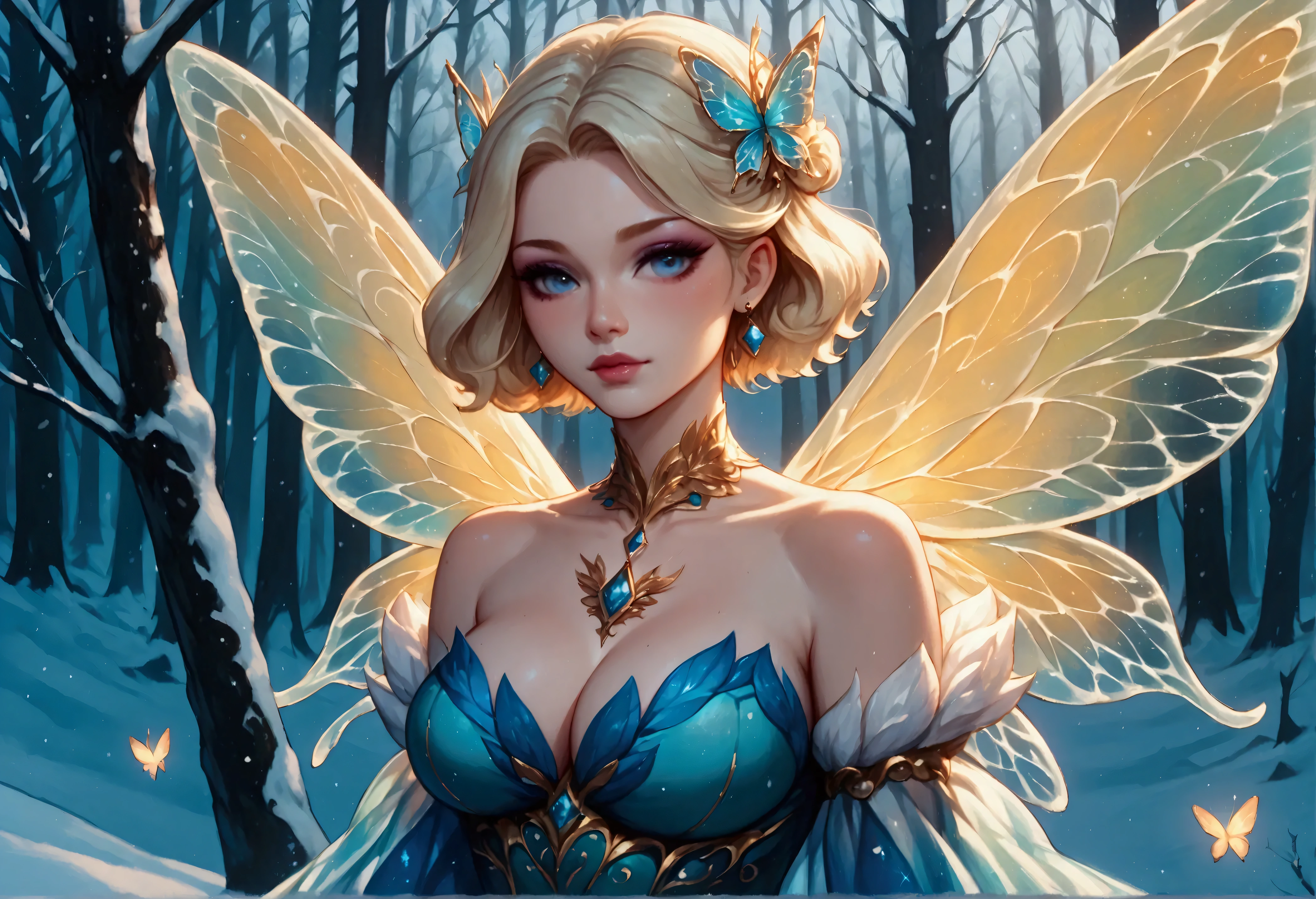Frost Goddess,Frozen fluid,Ice World,ice,1girl,Translucent clothing,air bubble,blue butterfly,blue eyes,blue nails,breasts,Positive, character on the right, upper body, above knee level,Dynamic pose,bubble,Blue butterfly wings,butterfly wings,crystal,dress,glowing butterfly,long hair,looking at viewer,medium breasts,parted lips,solo,water