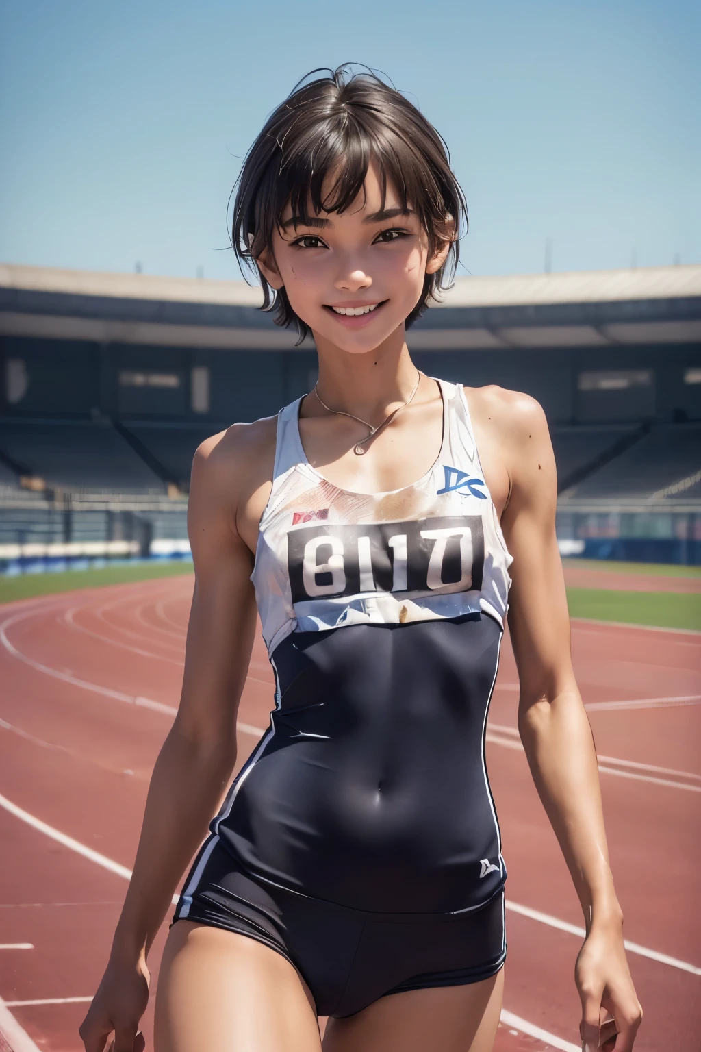 good body, wind, green eyes, (blunt bangs:1.2), , smile,,(very short hair:1.5), 1girl, (track and field athlete uniform:1.5), (muscle body:1.4), (Beautiful blue mountain:1.2),extremely detailed CG unity 8k wallpaper,