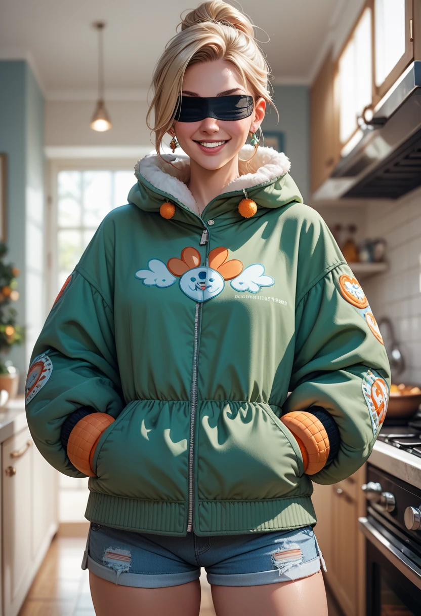 girl in spandex booty shorts, wearing oven mittens tucked in pockets, blindfold