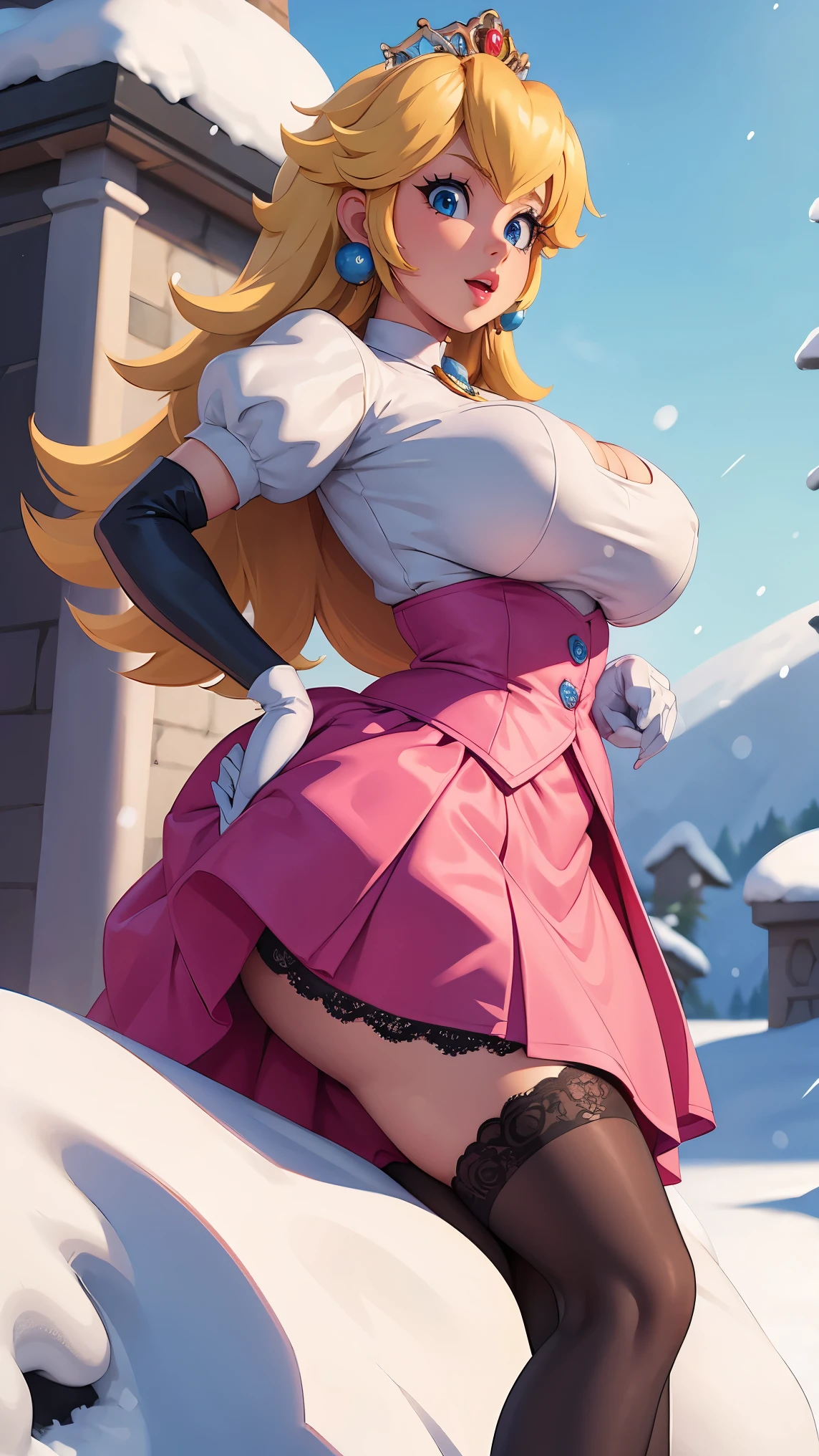  princess peach , sexy secretary,  big breasts, skirt, black lace tights.  The best quality , Snow in the background.  The best quality . 8K.