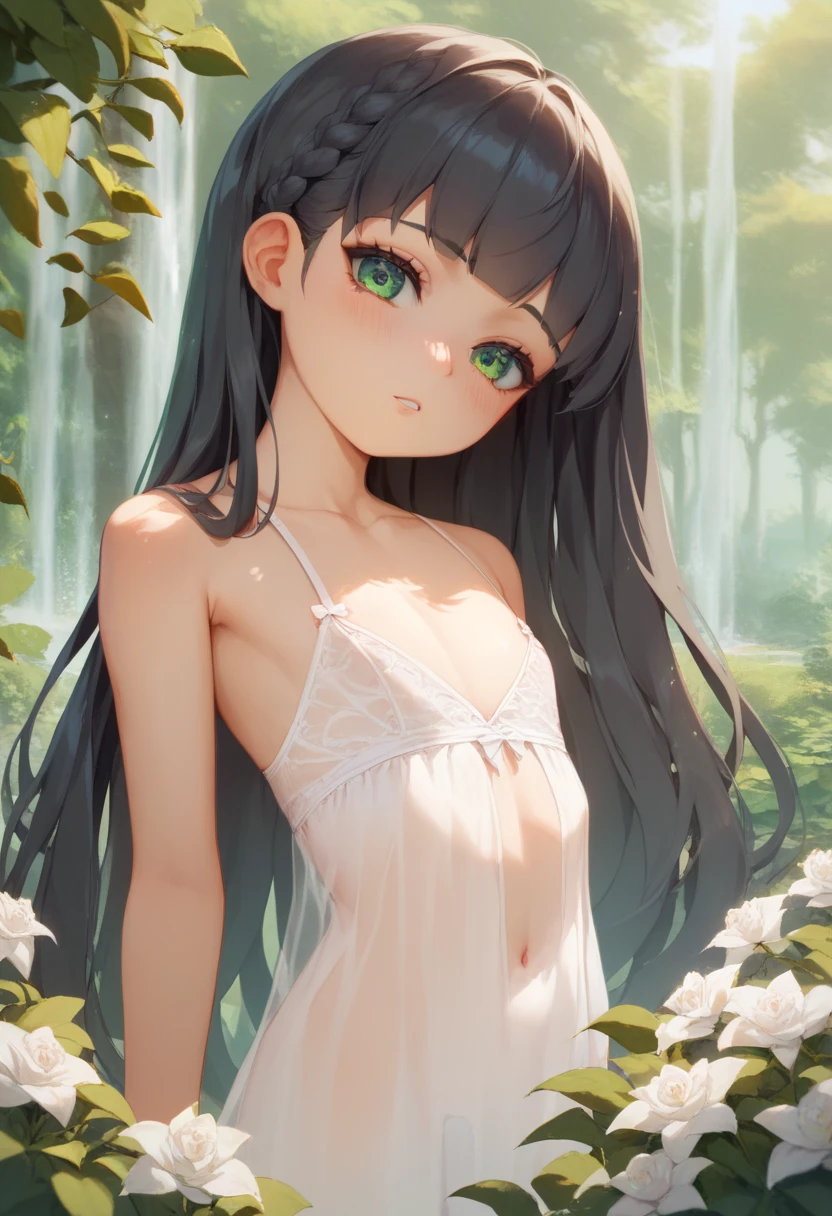 ((high quality)), ((nsfw)), ((anime girl)), ((wide shot)), ((**li girl)), ((sexually active)), ((provocative scenario)), beautiful elven girl in a sheer dress, detailed eyes, blush, flat chest, in a garden in the forest, beautiful girl, beautiful body, flat chest, summer, green eyes, long hair, black hair