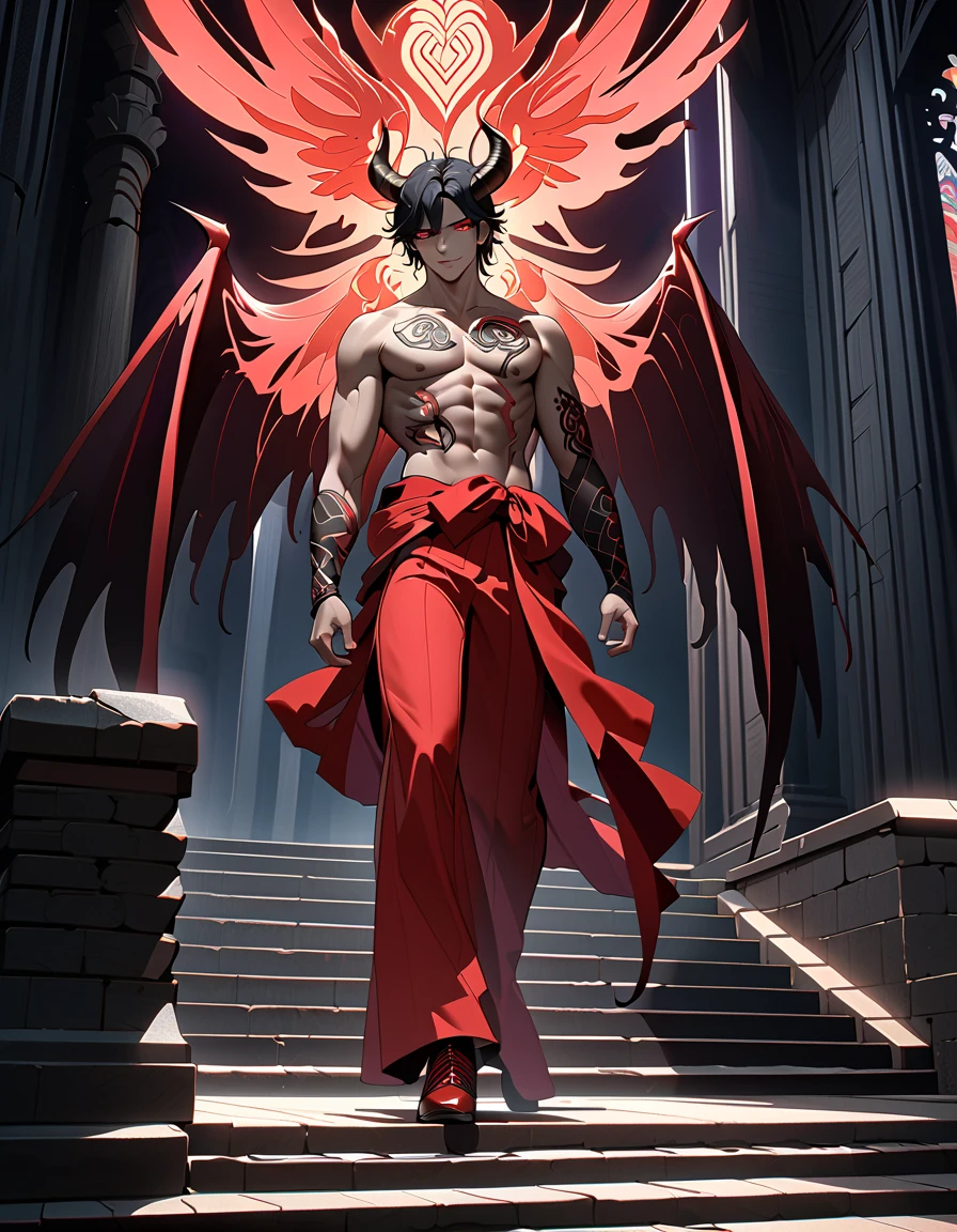 Male focus, the subject of the image is a man. short black hair. red eyes. 30歳の成熟したmale　Devil&#39;s Wings　背景はDark Cathedral　8k,  complicated,  elegant ,  Altamente detallado , Majestic,  high image quality　Careful application, (masterpiece, Yokomitsu,  beautiful and delicate eyes on outdoor stairs: 1.2),  high definition , (Glowing red eyes)),  shirtless, (Shining Tattooing ),  handsome, Black Hair, muscle, ,  Devil's Big Horn ,  Fine Horns with Aesthetic Ratio, ,  handsome, , masterpiece, whole body　Devil&#39;s Wings　Dark Cathedral　　Bad Smile　male　Devil&#39;s Wings　Dark Cathedral　8k,  complicated, (masterpiece, Yokomitsu,  beautiful and delicate eyes on outdoor stairs: 1.2),  high definition , (Glowing red eyes)),  shirtless, (Shining Tattooing ),  handsome, Black Hair, ,  Devil's Big Horn ,  Fine Horns with Aesthetic Ratio, ,  handsome, , masterpiece, whole body　Devil&#39;s Wings　Dark Cathedral　　anime　Bad Smile