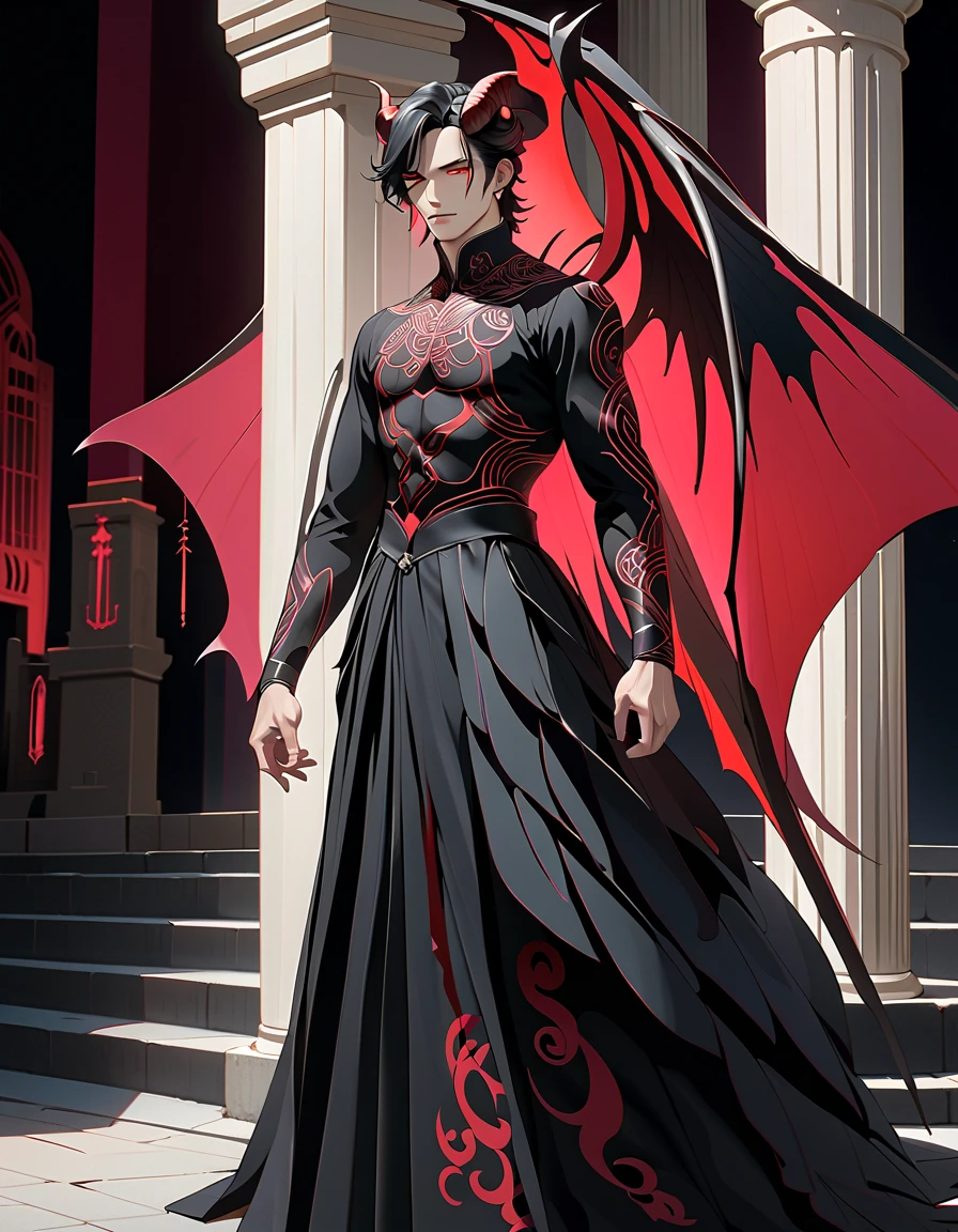 Male focus, the subject of the image is a man. short black hair. red eyes. 30歳の成熟したmale　Devil&#39;s Wings　背景はDark Cathedral　8k,  complicated,  elegant ,  Altamente detallado , Majestic,  high image quality　Careful application, (masterpiece, Yokomitsu,  beautiful and delicate eyes on outdoor stairs: 1.2),  high definition , (Glowing red eyes)),  shirtless, (Shining Tattooing ),  handsome, Black Hair, muscle, ,  Devil's Big Horn ,  Fine Horns with Aesthetic Ratio, ,  handsome, , masterpiece, whole body　Devil&#39;s Wings　Dark Cathedral　　Bad Smile　male　Devil&#39;s Wings　Dark Cathedral　8k,  complicated, (masterpiece, Yokomitsu,  beautiful and delicate eyes on outdoor stairs: 1.2),  high definition , (Glowing red eyes)),  shirtless, (Shining Tattooing ),  handsome, Black Hair, ,  Devil's Big Horn ,  Fine Horns with Aesthetic Ratio, ,  handsome, , masterpiece, whole body　Devil&#39;s Wings　Dark Cathedral　　anime　Bad Smile