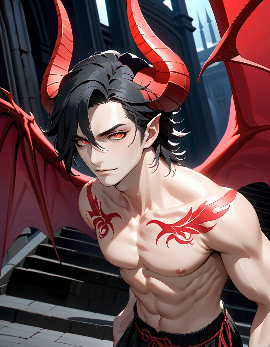 Male focus, the subject of the image is a man. short black hair. red eyes. 30歳の成熟したmale　Devil&#39;s Wings　背景はDark Cathedral　8k,  complicated,  elegant ,  Altamente detallado , Majestic,  high image quality　Careful application, (masterpiece, Yokomitsu,  beautiful and delicate eyes on outdoor stairs: 1.2),  high definition , (Glowing red eyes)),  shirtless, (Shining Tattooing ),  handsome, Black Hair, muscle, ,  Devil's Big Horn ,  Fine Horns with Aesthetic Ratio, ,  handsome, , masterpiece, whole body　Devil&#39;s Wings　Dark Cathedral　　Bad Smile　male　Devil&#39;s Wings　Dark Cathedral　8k,  complicated, (masterpiece, Yokomitsu,  beautiful and delicate eyes on outdoor stairs: 1.2),  high definition , (Glowing red eyes)),  shirtless, (Shining Tattooing ),  handsome, Black Hair, ,  Devil's Big Horn ,  Fine Horns with Aesthetic Ratio, ,  handsome, , masterpiece, whole body　Devil&#39;s Wings　Dark Cathedral　　anime　Bad Smile