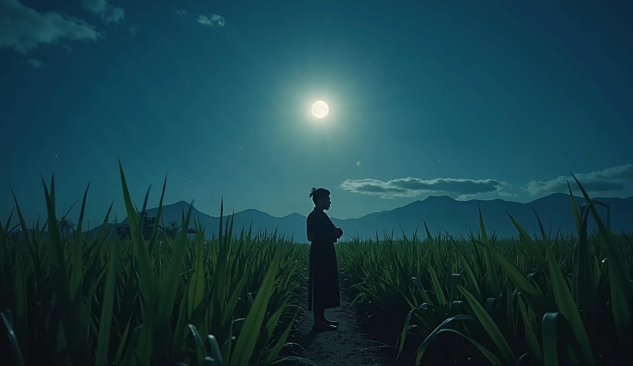 "A beautiful and lonely nighttime view of an Isan rice field. The full moon shines softly over the rice paddy. A young man in traditional Isan clothing stands in the middle of the quiet rice field. He holds an old khaen in one hand and the other hand on his chest. His eyes stare at the moon as if he is talking to a distant dream. Around him are rice stalks swaying in the gentle wind. The sound of the cold wind and loneliness seem to communicate through the moonlight. There is a faint glow of fireflies, creating romance and hope in the lonely but not hopeless atmosphere."