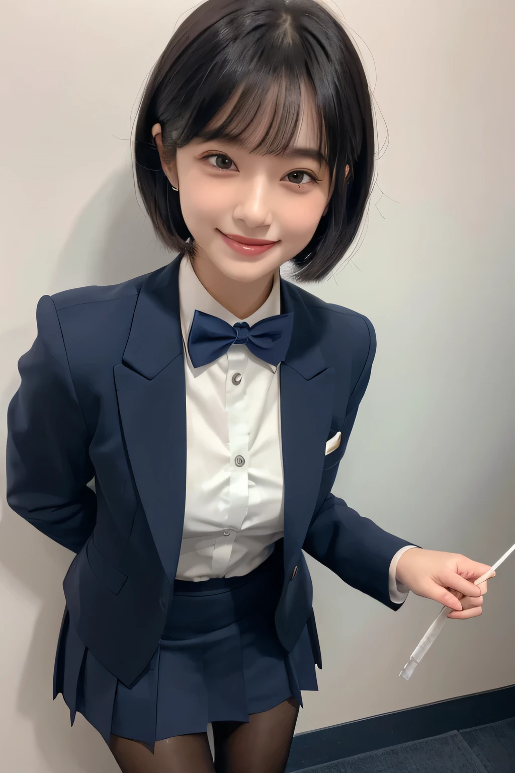 Navy Blue Blazer、(( Hides below the knee with a navy blue tight skirt))、White blouse、((navy blue plain large bow tie))、((( black pantyhose)))、(( black loafers))、(( full body photo standing up to his feet))、Cute high school girls、Height: 160cm、 smile like an idol 、 smiling and smiling、 professional writing、((Photo studio with plain wall background))、(( Max Image)),((Beautiful double eyelids ))、（ long lashes）、(( The blazer and skirt are the same navy blue and the material are the same ))、((Dark brown, glossy hair ))、((Model Face Change ))、(( Ribbon Design Change))、((No handkerchief))、((silver cherry pin badge on collar))、Belly short hair fluttering in the wind、((silver cherry pin badge on collar))、G-Cup、(( best smile))、As cute as a popular idol