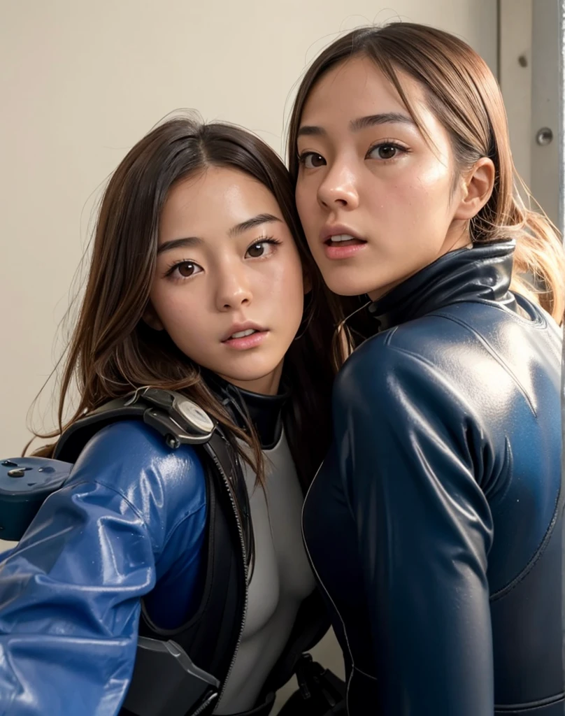 A documentary photo, Photo-realistic, ultra-realistic, (2girls, Japanese beautiful young women, famous Japanese idols, boyish cool faces:1.3), wetlook rubberish azure blue clothes,, they are a military divers of Japan navy, experienced military diver, wearing a professional wetsuits for military divers with professional scuba equipment, they are on a shore, She is preparing to scuba dive for a lifesaving mission, there is a large battle ship behind her,, Natural Makeup, boyish face ,Front View:1.21, Perfect Anatomy:1.21, Small head:1.21, Slender body:1.37, Narrow waist:1.5, Thin limbs:1.5, Flat Chest:1.5, Anatomically correct limbs, Diving Suits warm  wetlook (high smooth turtleneck collar), Fully equipped for diving, Very cute Japanese woman, Brown Hair, Chignon Hair, Calm sea in summer, Dynamic and emotional movie lighting, 