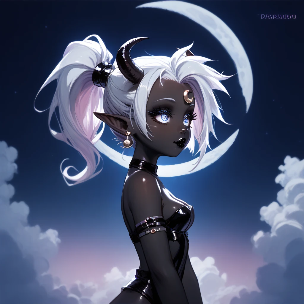 score_9, score_8_up, score_7_up, ((Masterpiece)), ((highres)), ((1person, 1girl, 1female)), Random poses, beautifully detailed succubus girl, ((Black crescent moon background)), white mohawk w/ponytail, defined elf ears with ear guages, defined eyes, pastel iris, long eye lashes, defined nose, black lipstick, curvy, (((Black skin))), black demon horns, breasts, night sky, pastel gothic style, gothic style art, gothic asthetic
