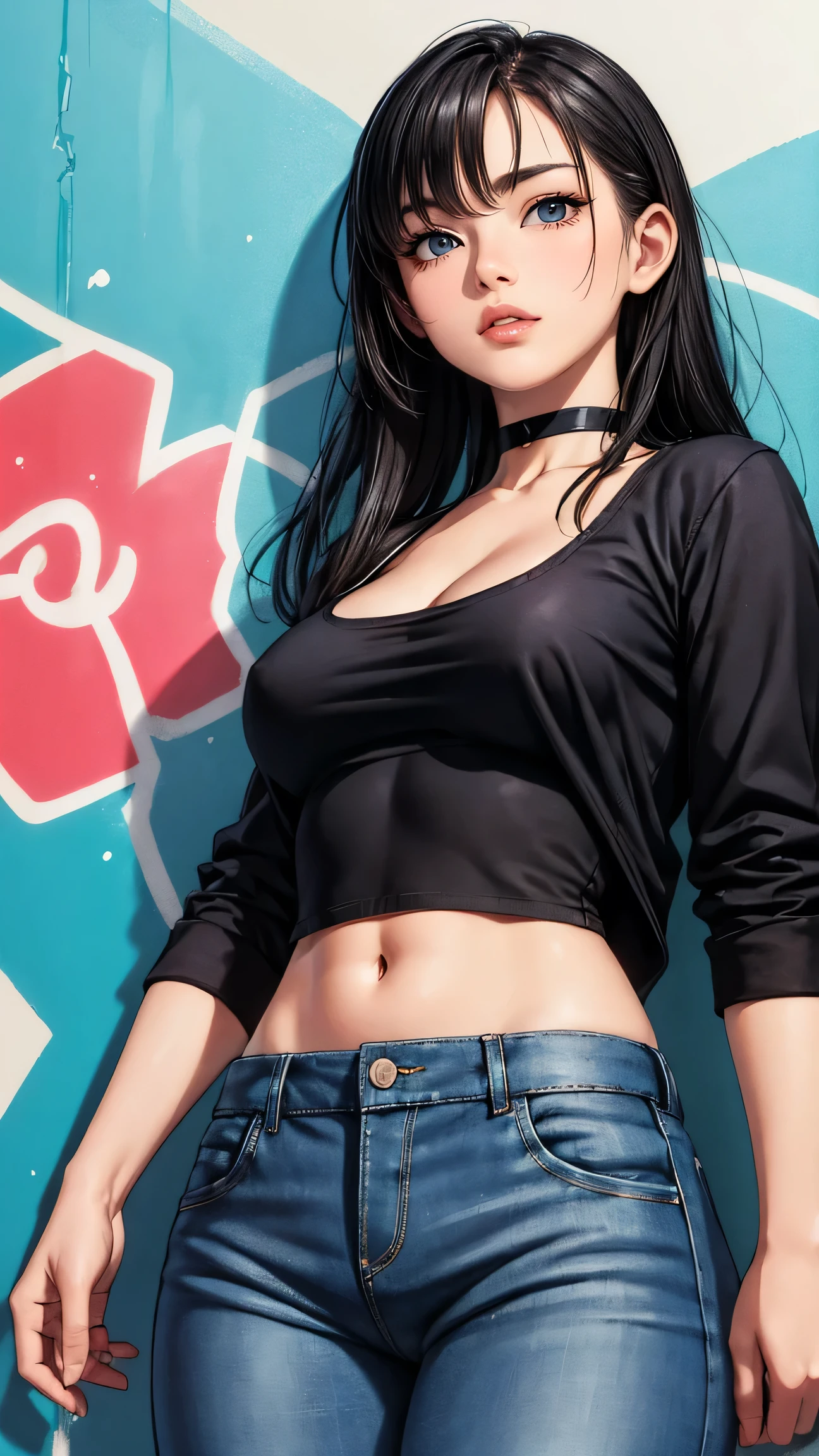 Highest quality,high resolution,２d,(Cel animation style),One woman,30 year old Asian female,(Straight long black hair),((Black tank top)),((Denim shorts)),((1 with a pistol in each hand.3)),(Skull Necklace),Black sneakers,(Beautiful face with slits 1.3)，Black wristband on left wrist,Beautiful Style,Glamorous Body,(Large Breasts),(((Holding a cigarette)))