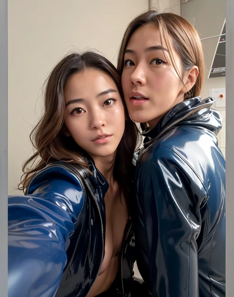 A documentary photo, Photo-realistic, ultra-realistic, (2girls, Japanese beautiful young women, famous Japanese idols, boyish cool faces:1.3), wetlook rubberish azure blue clothes,, they are a military divers of Japan navy, experienced military diver, wearing a professional wetsuits for military divers with professional scuba equipment, they are on a shore, She is preparing to scuba dive for a lifesaving mission, there is a large battle ship behind her,, Natural Makeup, boyish face ,Front View:1.21, Perfect Anatomy:1.21, Small head:1.21, Slender body:1.37, Narrow waist:1.5, Thin limbs:1.5, Flat Chest:1.5, Anatomically correct limbs, Diving Suits warm  wetlook (high smooth turtleneck collar), Fully equipped for diving, Very cute Japanese woman, Brown Hair, Chignon Hair, Calm sea in summer, Dynamic and emotional movie lighting, 