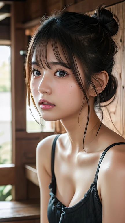 ((top quality, 8k, masterpiece: 1.3)), women (full body portrait, front, babydoll wearing, wet clothes, big breasts, cleavage),bungalow, hammock, resting pose, overhead camera, sharp focus: 1.2, cute women: 1.4, (((hairstyle random)), wet hair, very detailed face and skin and hair texture, detailed eyes, double eyelids, white skin, beautiful delicate nose, Cute young Japan woman, 28 years old, at a dynamic angle, is pleasing to the eye and suggestive composition, emphasizing the subject's hair, eyes, mouth and action, while exuding melancholy emotions characterized by a contrasting mix of muted tones and light and shadow,