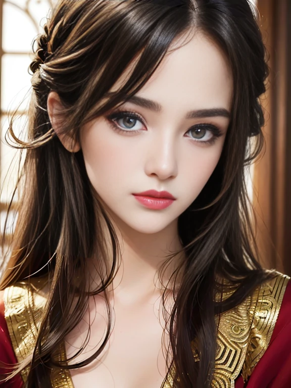 Front view photo of a beautiful woman、Close-up of face、 Elegant Hair 、(a masterpiece portrait of a woman with ultra detailed features, in 8K resolution, with crisp quality and vibrant colors), 